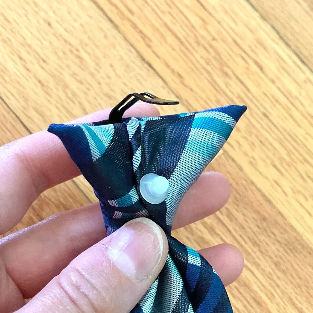 Boy’s blue, gray, and teal plaid clip on tie